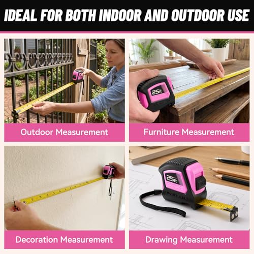 GRENPRO 25FT Magnetic Tape Measure, Double-Sided 1/32", Nylon Coated Blade - color: Pink