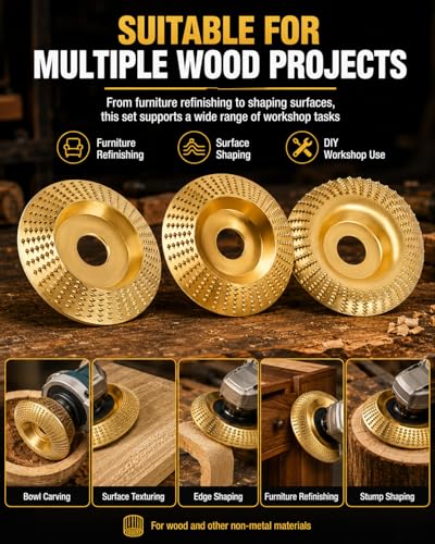 3PCS Wood Carving Tools Sanding Disc Stump Grinder Angle Polishing Pad Grinding Tungsten Carbide Wheel Discs for Attachments Tiktrove Sander Blades Set Pads Cutting Scraper Cordless (Gold)
