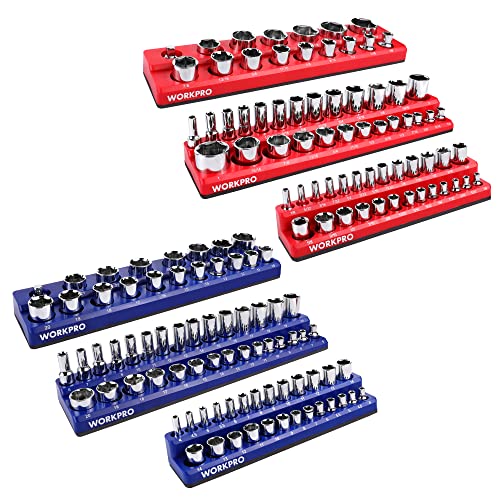 WORKPRO Magnetic Socket Organizer Set, 6-Piece Metric SAE Socket Holder Set - size: 6 Pieces-1/4", 3/8", & 1/2" DR, SAE & Metric