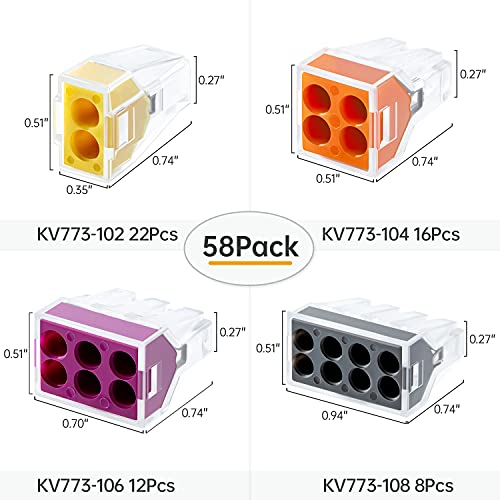 58 Pcs Push-in Wire Connector 773 2/4/ 6/8 Port Conductor Assortment Pack for Junction Box