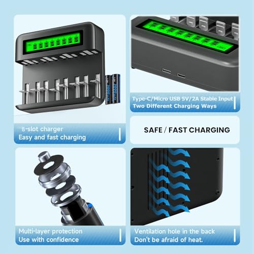 CITYORK 4 Pack 10000mAh Rechargeable D Batteries with Charger, 8 Bay LCD Universal Battery Charger for 1.2V AA AAA C D Ni-MH/Ni-CD Rechargeable Batteries, USB Quick Charge
