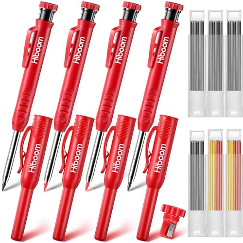 Hiboom 4 Pack Carpenter Pencil with 36 Refills Built In Sharpener (Red) - color: Red