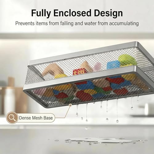 PUSDON 5-in-1 16.5" Extra Long Slim Wall Mount Wrapped Mesh Kitchen Organizer & Shower Caddy Kit, with Paper Towel Holder, Utensil Holder, Soap Dish, Holds 50LBS - Silver Gray, Netting - color: Silver Grey, size: 5-in-1 Full Mesh (16.5" Extra Long)