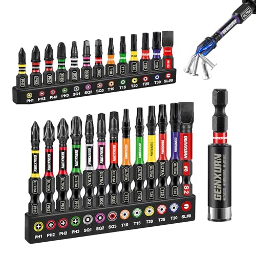 Geinxurn 27 Piece Impact Screwdriver Bits Set, 1"/2" Phillips/Torx/Square/SL Magnetic S2 Steel Driver Bits and Impact Bit Holder with Color Coded Base - size: 27pcs