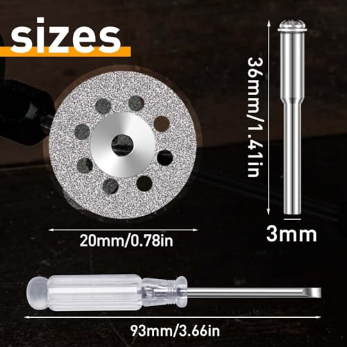 FOTYBEI 20pcs 545 Diamond Coated Cutting Wheel (20mm) for Dremel Rotary Tool with 402 Mandrel (3mm) 4pcs and Screwdriver for Rotary Tool Accessories Stone Glass Cutting (20pcs-20mm) - style: 20pcs-20mm