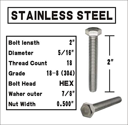 Bolt Fullerkreg 5/16-18x2 Stainless Steel Hex Head Screws Bolts - size: (10 Sets) 5/16x2"