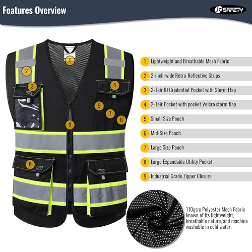 JKSafety Hi Vis Reflective Safety Vests for Men Women High Visibility Vest with Pockets Fabric Construction Safety Apparel Neon Vest for Work (220-Black M) | 5 utility Pockets 4 Reflective Strips High Visibility Mesh Fabric Construction Safety Apparel Neo