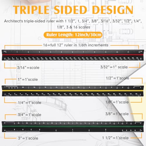 Macarrie 10 Pcs Architectural Scale Ruler 12" Engineers Scale Set, 3 Colors - color: 3 Colors