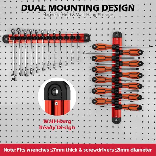2-Piece Magnetic Screwdriver Organizer and Wrench Organizer, 28-Slot Screwdriver and Wrench Holder, Magnetic Aluminum Rail Tool Organizer for Tool Box Drawer Wall-Mount Storage,Red(Tools not Included) - style: 2-Pack Red (28-Slot)