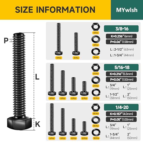 Mywish 254Pcs Nuts and Bolts, 1/4 20 5/16 18 3/8 16 Bolt, Heavy Duty 304 Stainless Steel Bolts and Nuts Kit with Flat Spring Washers, Fully Threaded & Black Oxided, 10 Common Size - size: 254 Pcs Mixed Size Kit - Black