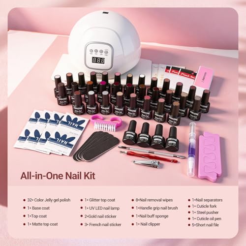 JODSONE 36Pcs Jelly Gel Nail Polish Kit 32 Colors with U V Light Crystal Transparent Classic Color 4 Functional Gel for All Seasons - color: KIT-19