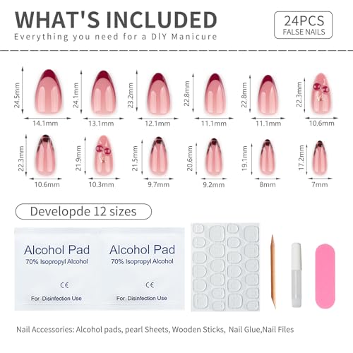 Mivota Medium Press On Nails Almond – 3D Cherry Design with Gold Branch, Red French Tips & Leopard Pattern, 24PCS Acrylic Fake Nails with Glue & Tools, Glossy Reusable Stick On Nails for Women - color: 51-French Cherry