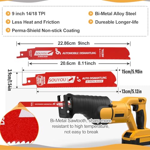 13 Pack 9 in 14/18 TPI and 13 Pack 6 in 14/18 TPI Bi-Metal Reciprocating Saw Blades for Automobile Dismantling Metal Steel Cutting Non-Stick Coated for Less Heat for 1/16-5/16 Medium Metals - size: 6-9in 26Pack, style: 14/18 Tpi