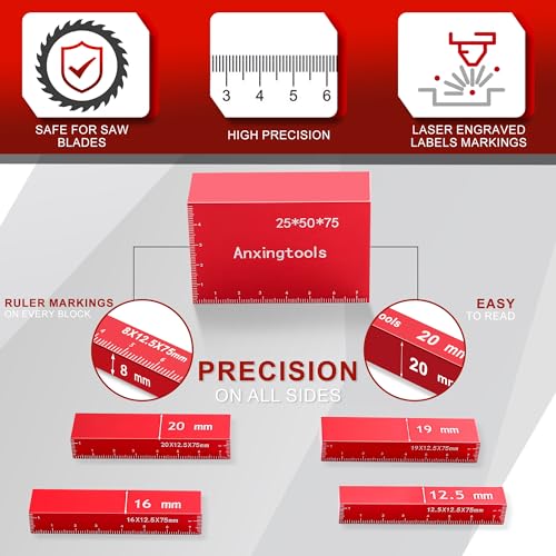 Metric Setup Blocks Height Gauge Set, 15pcs Precision Aluminum Setup Bars Guage Block Set Include Aluminum Alloy Triangle Ruler for Router and Table Saw Accessories Woodworking Set Up