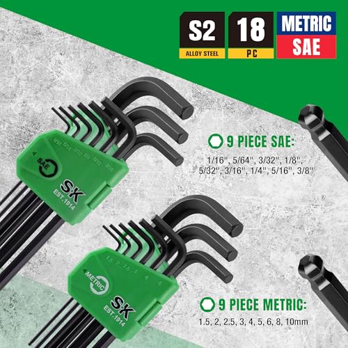SK Allen Wrenches Sets, 18-Piece SAE/Metric Hex Key Set, L-Shaped, S2 Steel - style: Metric/SAE