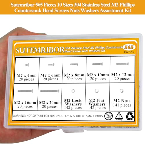565 Pieces M2 Machine Screws Nuts Washers Set, Sutemribor M2 x 4/6/8/10/12/16/20mm Phillips Countersunk Head Machine Screws Nuts Washers Assortment Kit, 304 Stainless Steel, Fully Threaded - size: M2, style: Phillips Countersunk Head