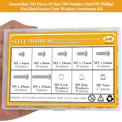 245 Pieces M5 Machine Screws Nuts Washers Set, Sutemribor M5 x 6/8/10/12/16/20/25mm Phillips Pan Head Machine Screws Nuts Washers Assortment Kit, 304 Stainless Steel, Fully Threaded - size: M5, style: Phillips Pan Head