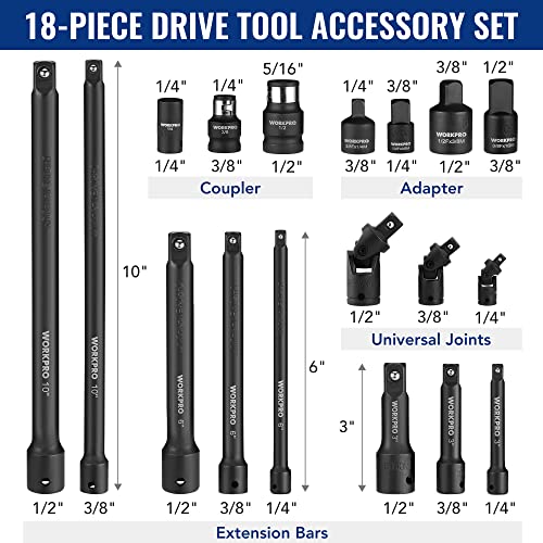WORKPRO 18-Piece Impact Socket Extension Set, 1/4", 3/8" & 1/2" Drive - style: 18PCS