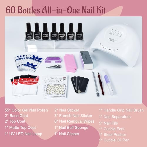 JODSONE Gel Nail Polish Kit 60 PCS with U V Light Soak off Base Top Coat 55 Shine Colors Gel Nail Kit Bright and Dark Brown Wine Red Series Manicure Set for Women and Girls - color: B10