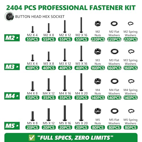 2404PCS Screw Assortment Kit, M2-M5 10.9 Alloy Steel Hex Button Cap Bolts - size: M2 M3 M4 M5 2404pcs 2
