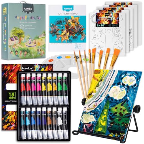 koseibal Acrylic Paint Set for Kids & Adults, Art Supplies Kit with Canvas - color: 18 Acrylic Paints + Canvas