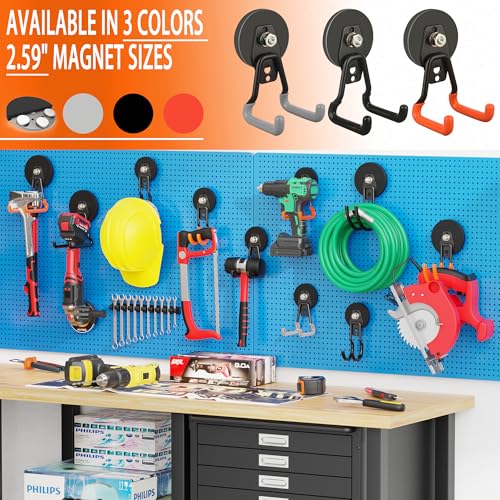 ULIBERMAGNET Upgraded Heavy Duty Magnetic Hooks,4 Pack Strong Large Magnet Hook for Power Drill,Garden Tools,Hose,Pegboard,Garage,Workshop,Magnetic Storage Hooks for Indoor Outdoor Hanging(Gray) - style: V1 Pro 2.59INCH 4PACK Gray Large Hooks