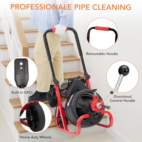 Drain Cleaner Machine, 100 ft X 3/8 in Drain Auge, Auto-feed Professional 6.8A Electric Drain Auger, Air-Activated Foot Switch, w/ 6 Cutters, Gloves, Cleaner Sewer Snake - style: 100FT 3/8"