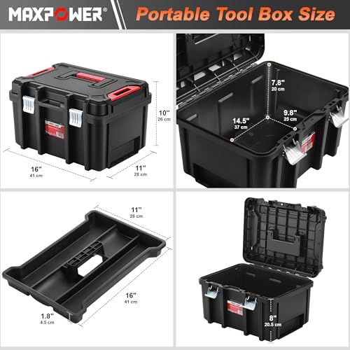 MAXPOWER 16-inch Stackable Tool Box, with Metal Latches, Removable Tray - size: 16", style: 16" black