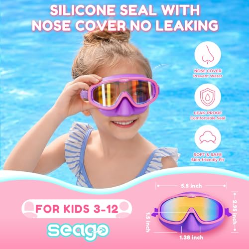 Seago Kids Swim Goggles with Nose Cover 2 Pack for 3-14 Anti-Fog Clear View - color: Blue & Purple