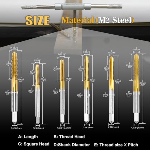 6Pcs SAE Tap Set with 1Pc Tap Wrench for Metal,6-32 UNC to 1/4"-20 UNC - size: 6-32 to 1/4"-20 - 6Pcs Tap Set