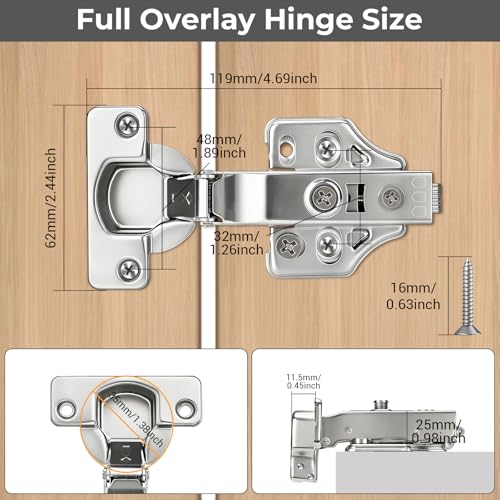 4 Pcs 105° Soft Close Cabinet Hinges 35mm, 3D Full Overlay Hinge - size: Full Overlay