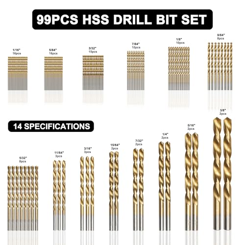 99 Pcs Drill Bit Set(1/16“-3/8”), 135° Tip Titanium Coated High Speed Steel, Twist Drill Bit Kit for Iron, Aluminum Alloy, Copper, Wood, Plastic, with Hard Storage - style: TD-99pcs
