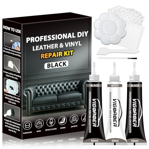 Vigorder Leather Repair Kit for Furniture, Vinyl Repair Kit for Furniture, Sofa, Jacket, Purse – Super Easy Instructions to Fix Scratches, Tears, Holes, and Peeling (Black) - color: Black