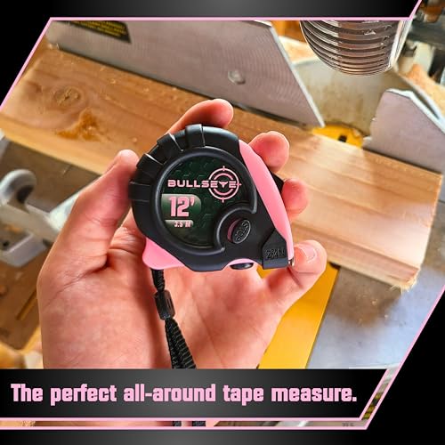 Bullseye Tape Measure 12 Foot | Pink | Small, Retractable Measuring Tape with Pause Buttons | Easy-to-Read Standard and Metric Measurements for Adults and Kids | Inches and Centimeters - color: Pink