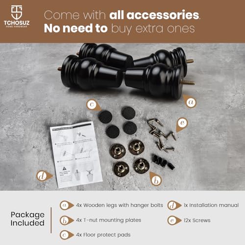 4 inch Solid Wood Bun Feet Black 4-Pack with Pre-drilled M8 Bolts - color: Black