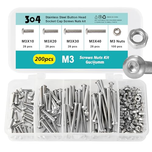M3 x 10mm 20mm 30mm 40mm Button Head Socket Cap Screws Bolts and Nuts, Stainless Steel 304, Bright Finish, Metric Allen Hex Drive, Fully Thread, Assortment Kit 200PCS - size: Button M3x10-40mm+Nuts