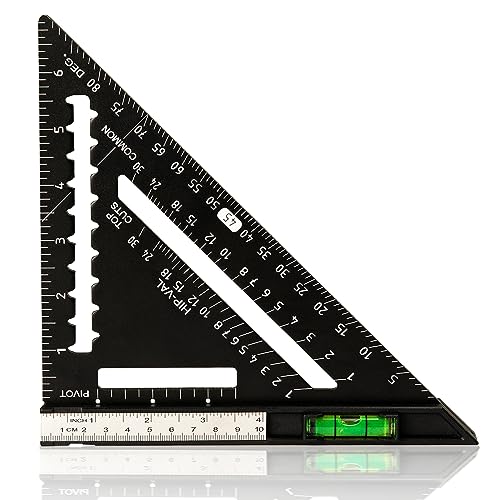 Beslands 7 inch Rafter Square Carpenter with Level, Aluminum Metal Rafter Square Triangle Ruler Carpenter Square Woodworking Layout Tool Aluminum Triangle Tool Stainless Steel Ruler (Black) - color: Black, size: 7" - Level