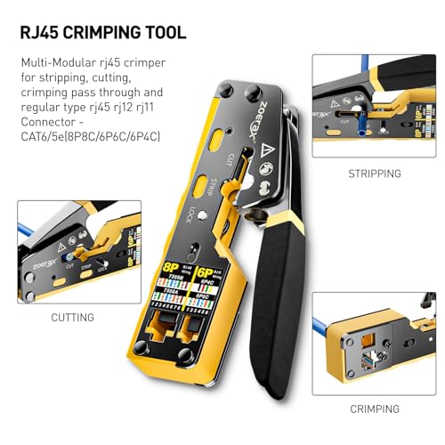 Ethernet Crimping Tool Kit RJ45 Crimp Tools,CAT5 Cat5e Cat6 RJ45 Crimping Tool Kit With Cable Tester, Multiply Stripper, Blades,50Pcs Cat 6 Pass Through Connectors and Strain Relief Boots