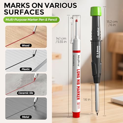 Nicpro Carpenter Pencil with Sharpener, CP3000 Construction Pencils with 6 Refills in a Lead Dispenser, Deep Hole Long Nib Marker Pens for Construction, Heavy Duty Carpenter Tools for Woodworking - style: Carpenter Pencil and Marker Pen