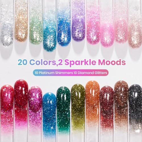 Beetles Glitter Gel Nail Polish Set, 20 Colors Party Auras Gel Polish | Platinum Diamond Shimmer Gel Shades With Base, Glossy&Matte Top Coats for Uv Led Soak-Off Nail Art - color: Party Auras