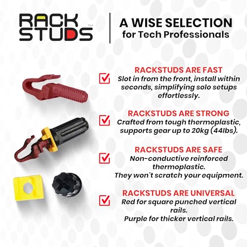 Rackstuds R100 Series II - Server Rack Screws 100 Pack | Cage Nut Replacement | Red 2.22mm/0.086" | A Faster, Easier Solution for Rack mounting Gear in 19" Racks with Square Punched Vertical Rails - color: Red, size: 100 Pack