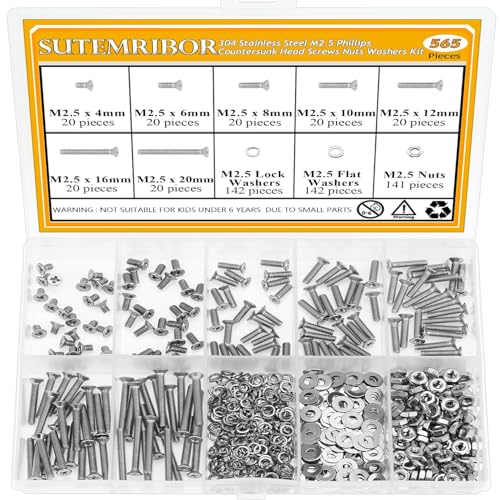 565 Pieces M2.5 Machine Screws Nuts Washers Set, Sutemribor M2.5 x 4/6/8/10/12/16/20mm Phillips Countersunk Head Machine Screws Nuts Washers Assortment Kit, 304 Stainless Steel, Fully Threaded - size: M2.5, style: Phillips Countersunk Head