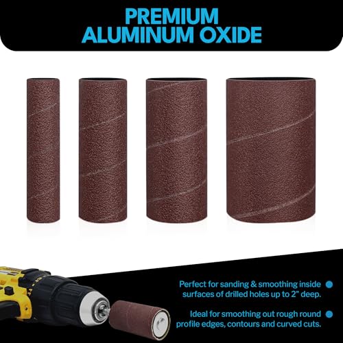 LINE10 Tools 28pk Sanding Drum and Sleeves Set, Spindle Sander Attachment for Drill and Drill-Press, Die-Grinder, 2-inch Extra Long Surface, 1/4-inch Shank 60, 80, 120 and 240 Grit