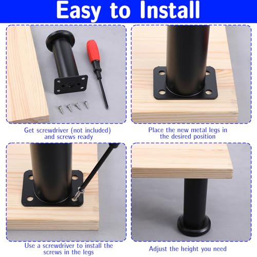 4PCS Metal Adjustable Furniture Legs, 4.7-7.4 Inch Cabinet Legs Extension, Heavy Duty Black Support Replacement Leg for Bed Couch Dresser Chair Coffee Cabinet Table, Thicked Furniture Feet Set