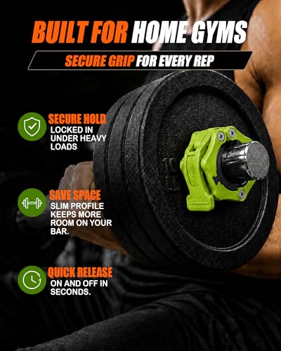 MAXRICH Ultra-Thin 1-Inch Barbell Clamps, Quick Release Weight Clips for 23–30mm Bars, Secure Barbell Collars for Home Gym - color: Green