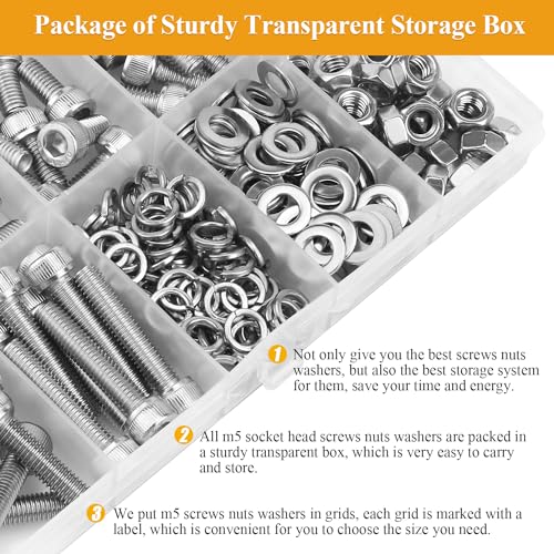 245 Pieces M5 Screws Nuts Washers Set, Sutemribor M5 x 6/8/10/12/16/20/25mm Hex Socket Head Cap Screws Nuts Washers Assortment Kit, 304 Stainless Steel, Fully Threaded - size: M5, style: Socket Head