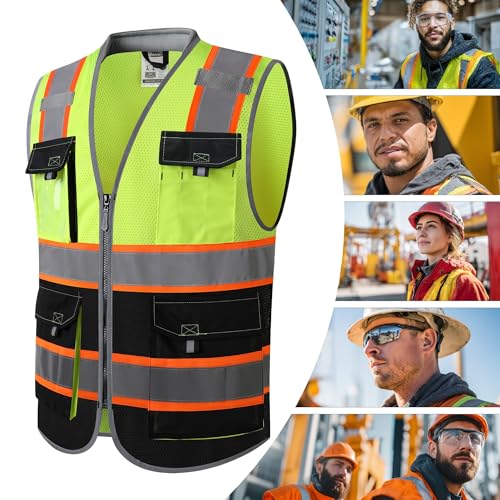 JKSafety Safety Vest for Men Women Hi Vis with Pockets and Cushioned Collar Construction Vest Meet ANSI Standard (BX360) - color: Yellowblack, size: Large