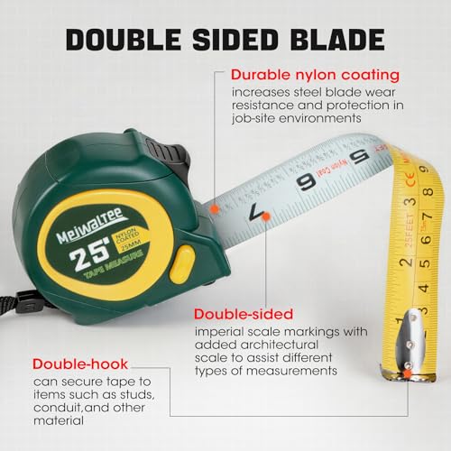 25FT-1 In Blade Width Tape Measure With Fractions, 3 Brake Buttons Retractable Measuring Tape, Both Side Measurement, Double-Magnetic Hook Double-Sided Nylon Reinforced Blade, Easy to Read Bold Lines.