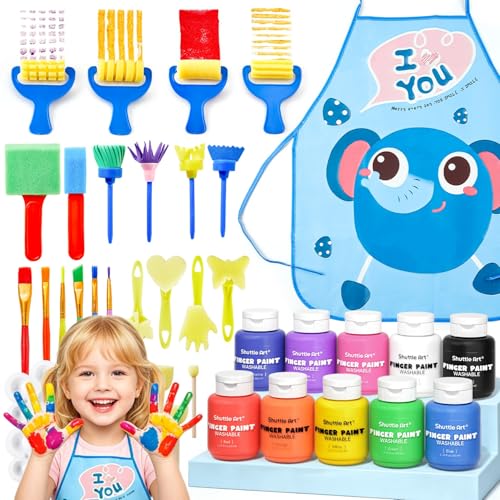 Shuttle Art Washable Finger Paint Set, 37 PCS with 10 Colors (2 fl oz) Non-Toxic Toddler Paint, Paint Brushes, Sponge, Smock, Toddler Art Supplies - color: 10 Colors