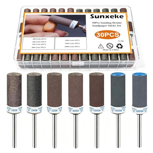 30Pcs Sanding Drums Sandpaper Sticks for Dremel Rotary Tool, 1/8 Inch Shank Sanding Bands 180-2000 Grit for Metal Rust Removal, Wood Grinding,Rotary Tool Accessories with Storage Case - size: 30PCS